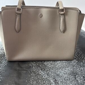 Tory Burch Taupe Saffiano Leather Tote Zip Top Structured Work Bag